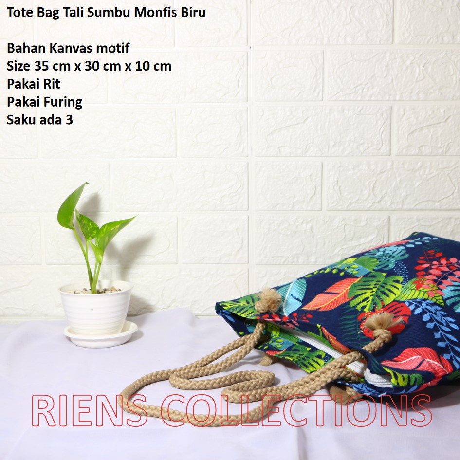 TOTEBAG KANVAS TALI SUMBU MOTIF MONFIS BIRU. TAS WANITA KANVAS. TAS JOGJA. Riens Collections