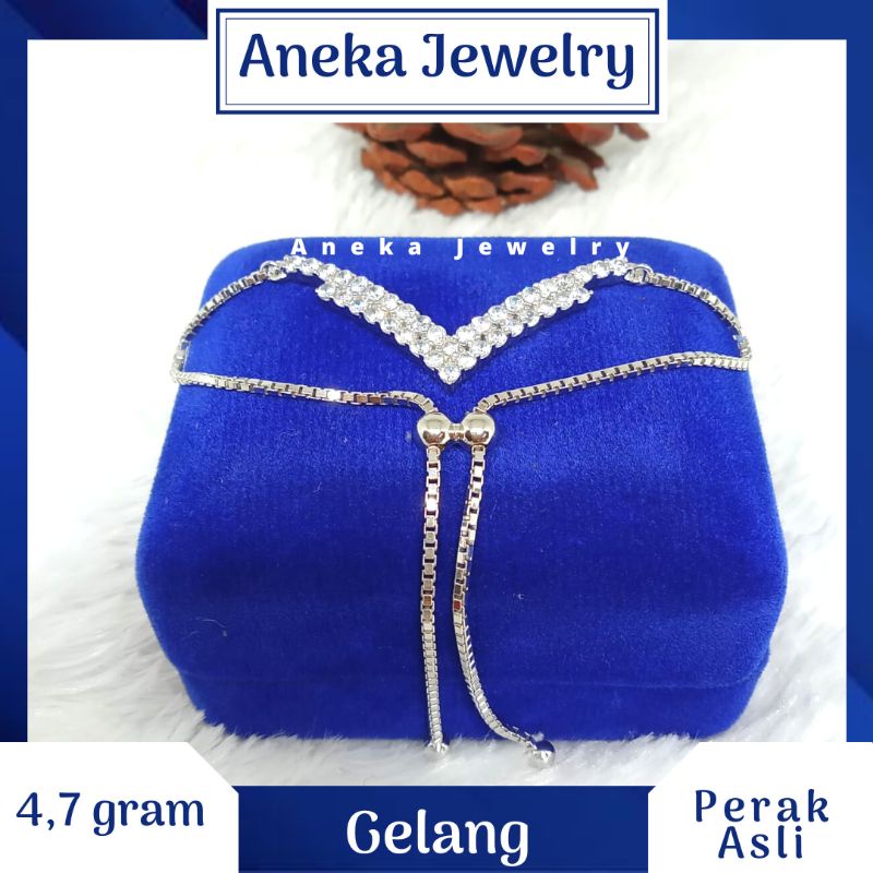 Gelang Serut V Mata2, Perak 925, Lapis Emas Putih