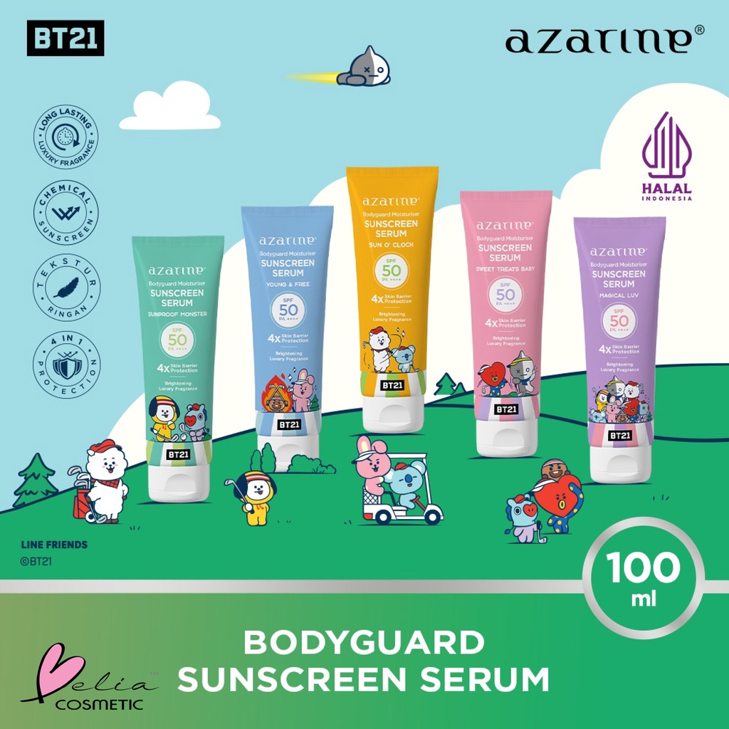 ❤ BELIA ❤ Azarine x BT21 Body Guard Moisturizer Sunscreen Serum 100ml SPF 50 PA++++ | Body Saver Moisturiser 100ml BPOM Bodyguard Collab Line BTS sun screen block sunblock tata RJ chimmy cooky koya shooky mang van