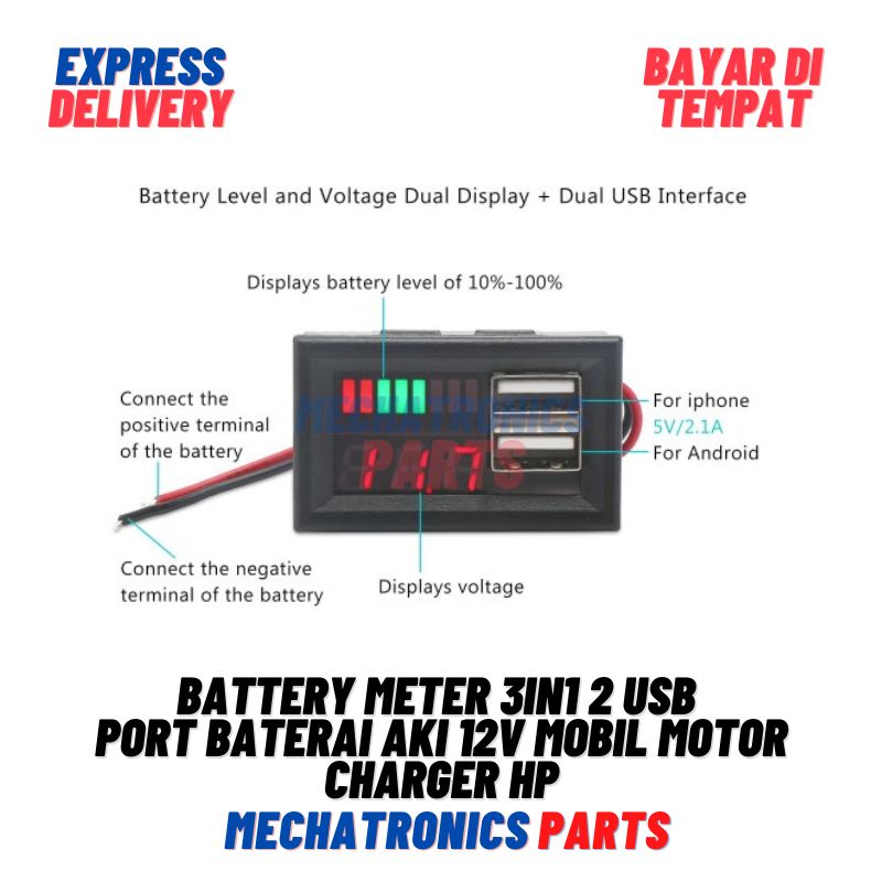 Battery Meter 3in1 2 USB Port Baterai Aki 12v Mobil Motor Charger HP