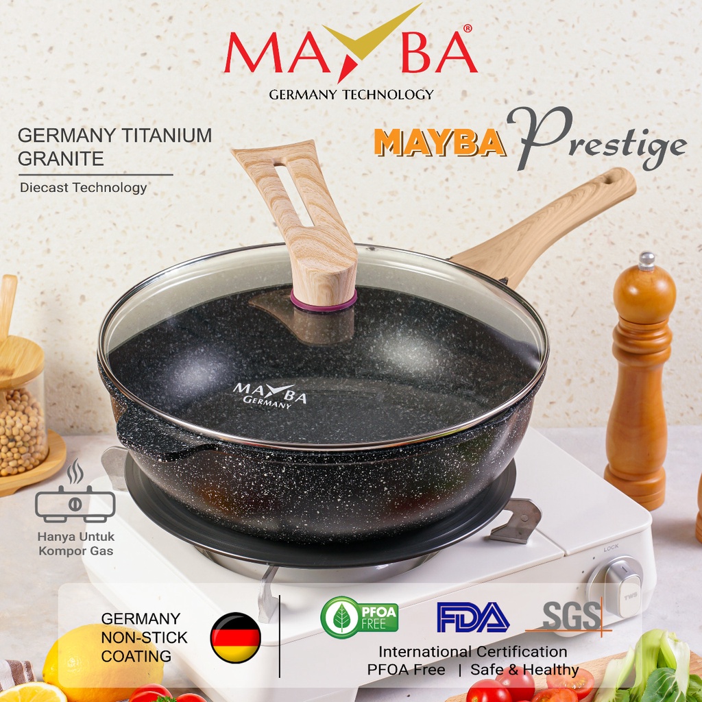 WOK PAN PRESTIGE BESAR 30 CM Panci Anti lengket granite Hitam ASLI MAYBA GERMANY ( MIZUKITCHEN )