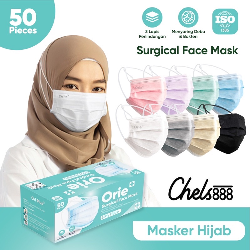 Masker Hijab 3ply Orie+ Headloop Surgical isi 50 pcs