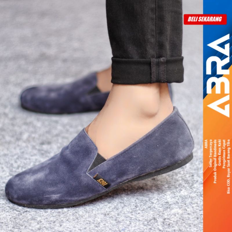 Sepatu Slip On Pria Casual Formal Kulit Suede Kerja Santai Hitam Polos Cord ABRA