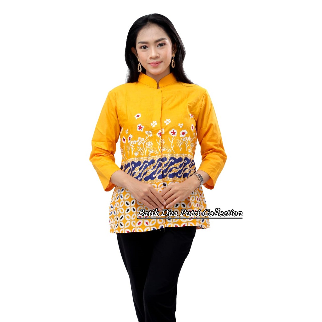 Batik Wanita Atasan Blouse Lengan Panjang Kancing Depan merah-kuning-biru-hitam