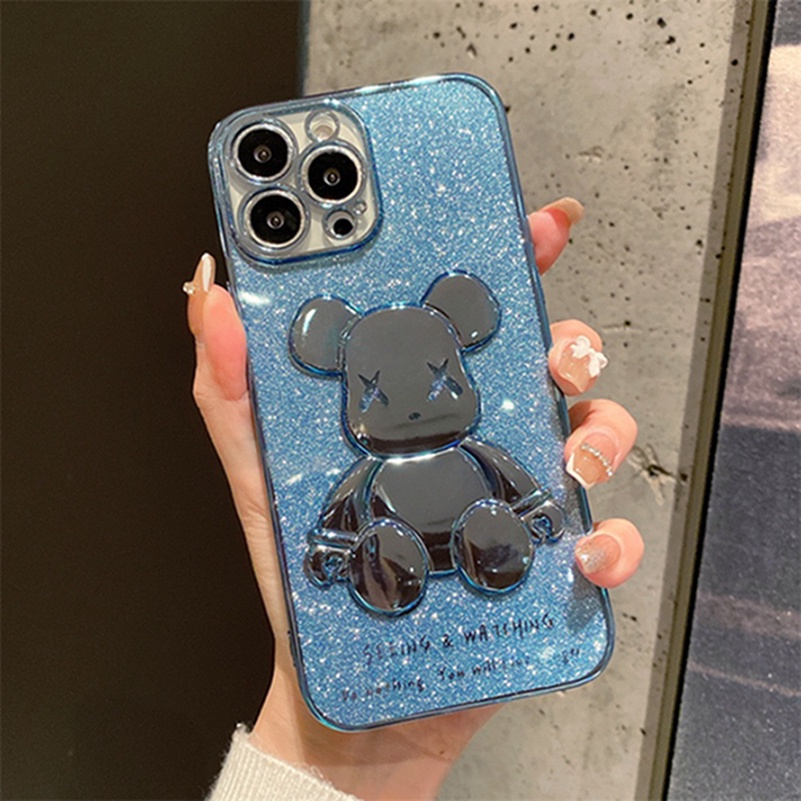 3D Bear Phone Case for iPhone 13 12 11 Pro Max X Xr Xs Max SE 2020 iPhone 8 7 6 6s Plus Luxury Plating Soft Case Silicone Soft TPU Casing All-inclusive Shockproof Protective Cover