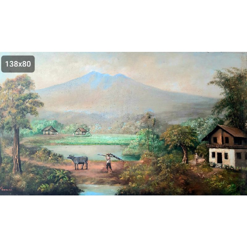 Lukisan Antik Pemandangan Alam Desa Pegunungan