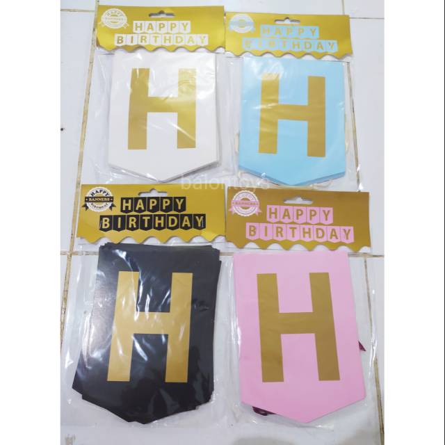 Banner Happy Birthday Segi 5 Putih Biru Hitam Pink Tulisan Gold