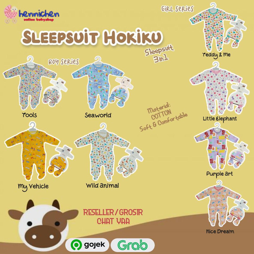 MOTIF BARU YAA  TERMURAH 3 in 1 HOKIKU Set sleepsuit topi sarung tangan SNI