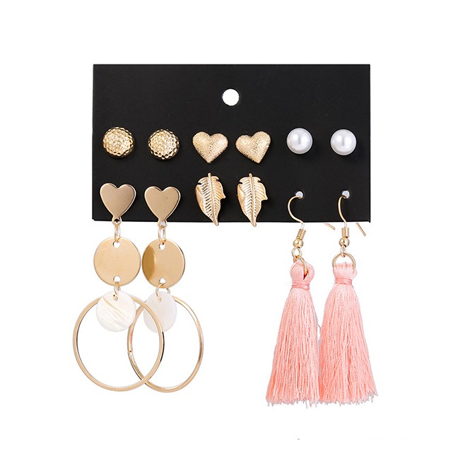 LRC Anting Set Fashion Gold Metal Leaf Pearl Shell Heart Shaped Tassel Stud Earring Set F76185