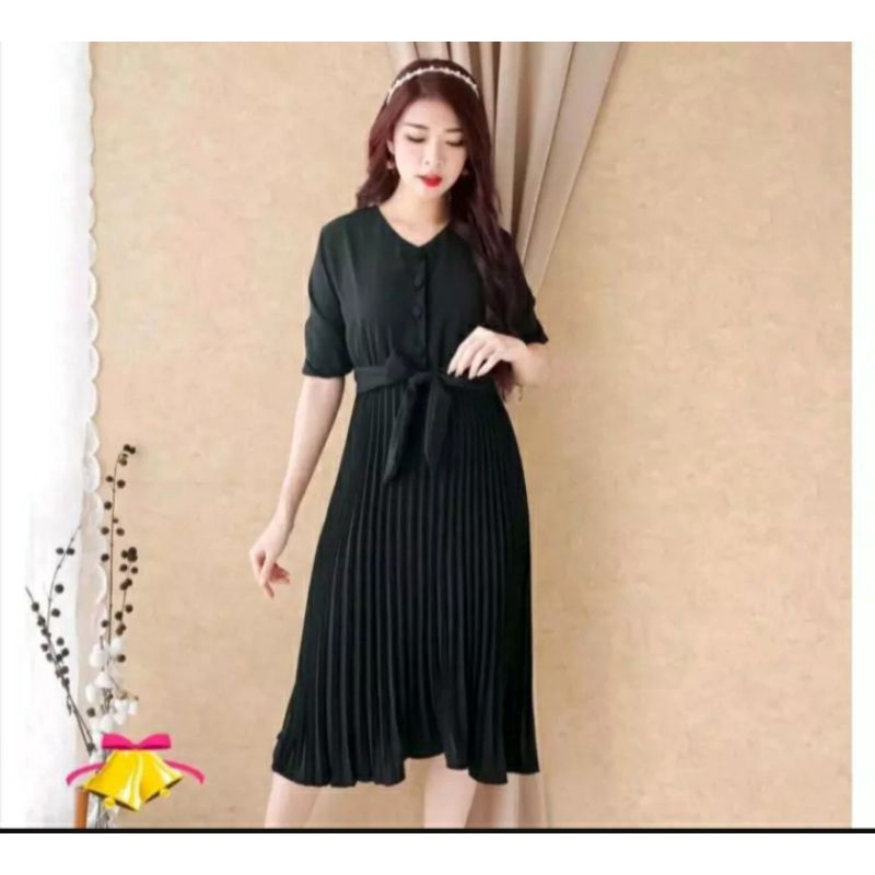 Dress Casual Formal Fashion Korean daster Wanita kombinasi Plisket