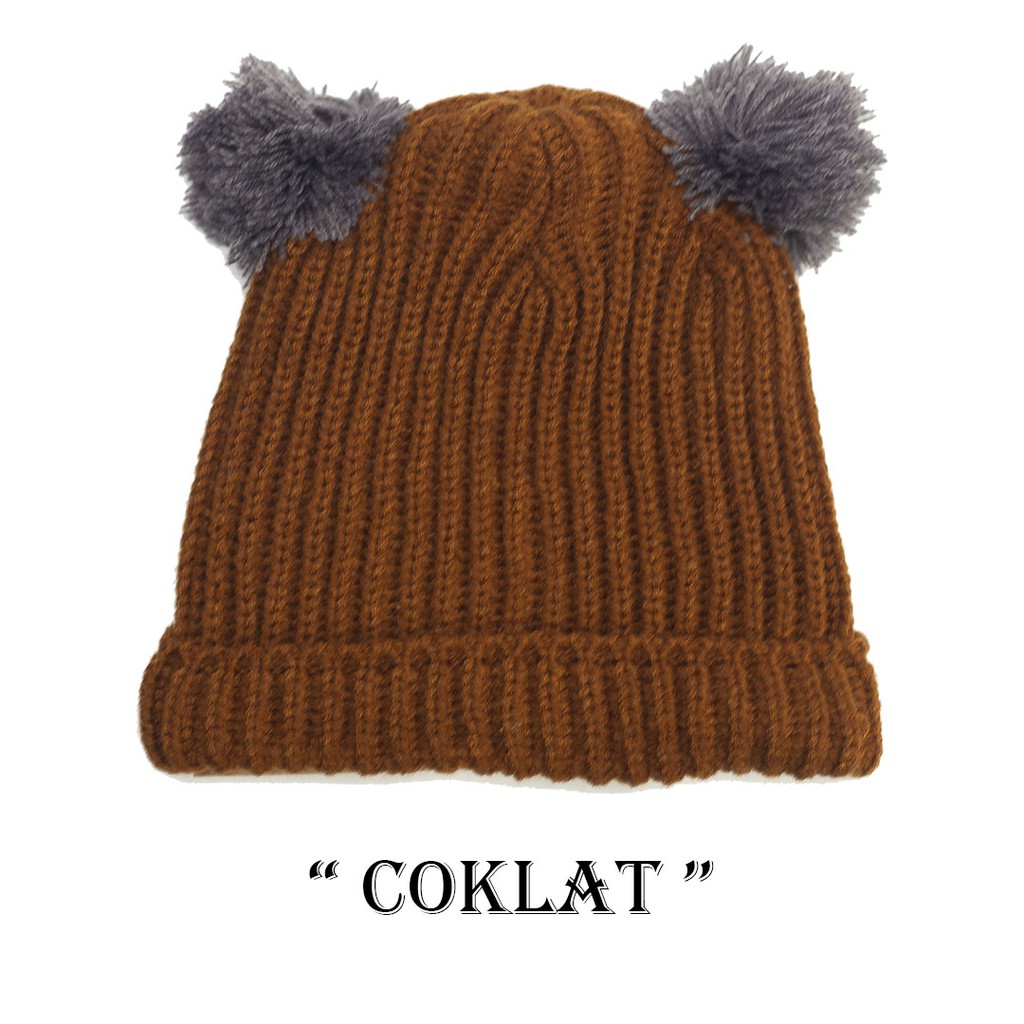 Kupluk Pompom Anak Bayi Cewek Cowok Polos / Bordir Nama Suka Suka-Coklat