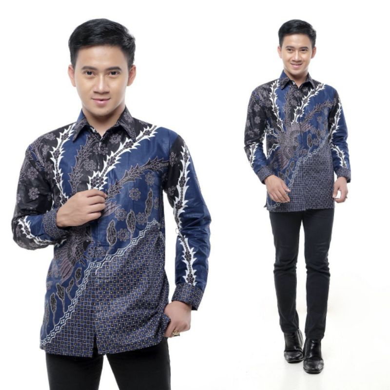 KEMEJA PRIA LENGAN PANJANG MOTIF MANOK PETIR BIRU