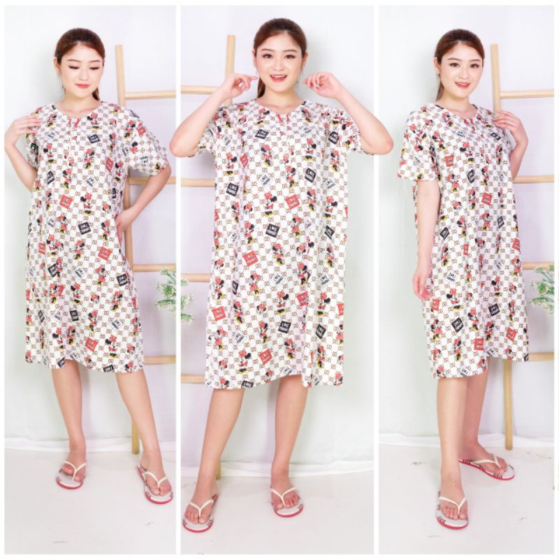 DASTER JUMBO LD 120 KATUN KARAKTER KANCING DEPAN BUSUI BUMIL LENGAN PENDEK GUDANG_DASTER_PEKALONGAN-JB MINILOVE PUTIH