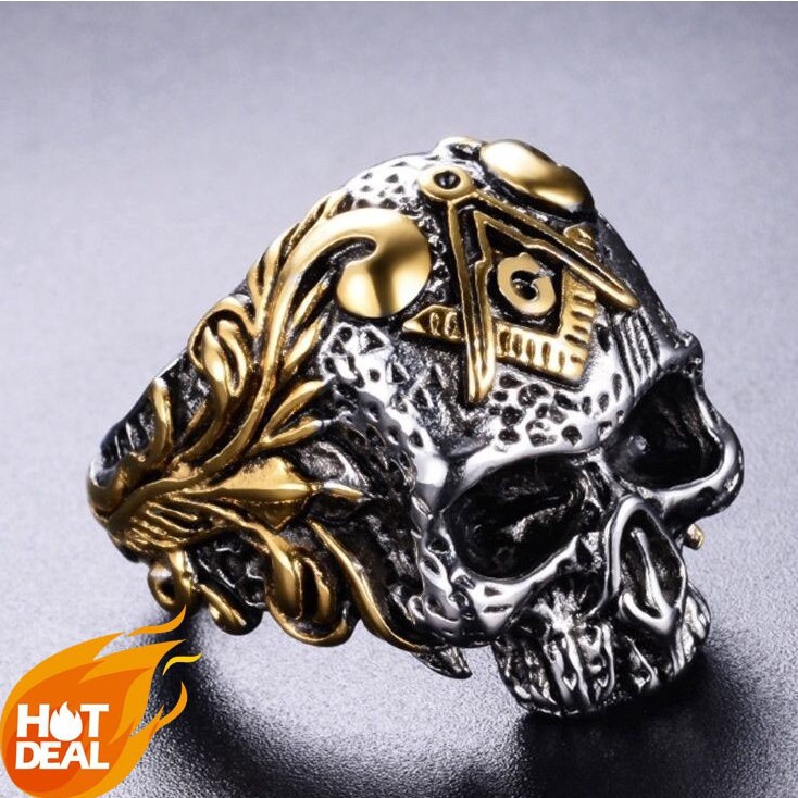 SEUSUK  Cincin Motif Kepala Tengkorak masonic Klasik Bahan Stainless Steel 316L untuk Pria