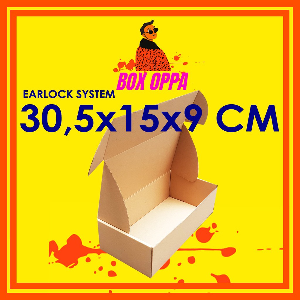 

Kardus EARLOCK FULL uk 30,5x15x9 cm (ECER) Die Cut Box Kotak Packing Aksesoris Baju Kue Hijab