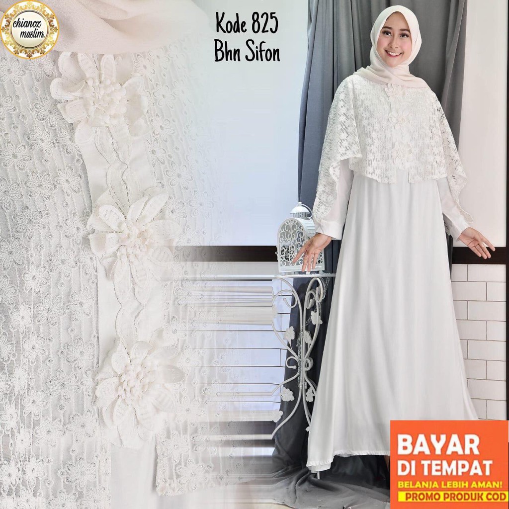  CHIANOZ  Busana Muslim Gamis Putih Sifon Ceruti Brukat 