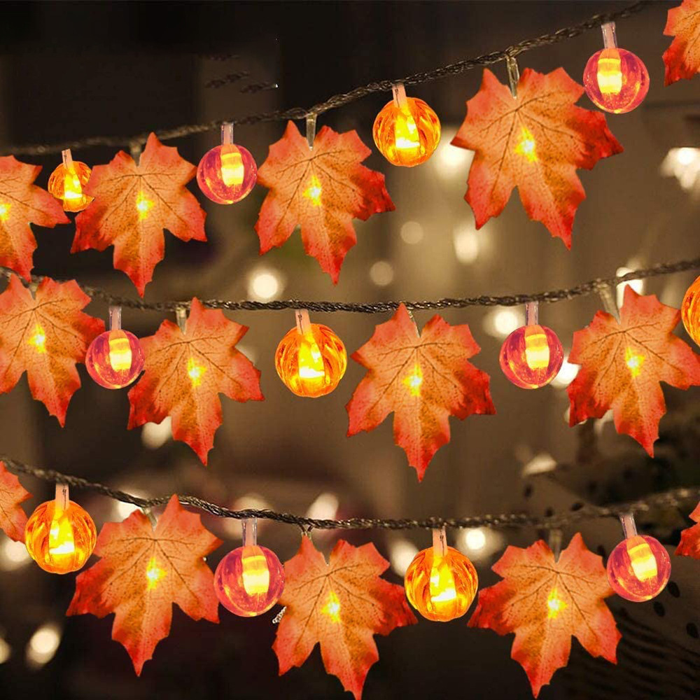 (Recommend) Lampu String LED 1.5 / 3m Bentuk Labu Daun Maple Merah 3D Untuk Dekorasi Halloween