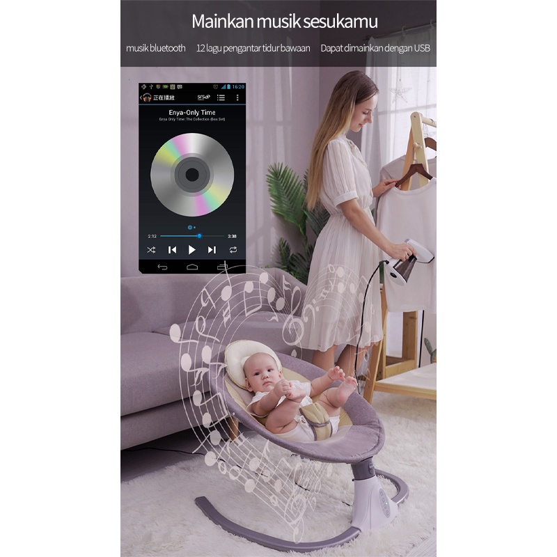 Tempat tidur ayunan remote control tempat tidur bayi yang aman dengan musik bluetooth dengan bantal, mainan dapat dilepas dan dicuci