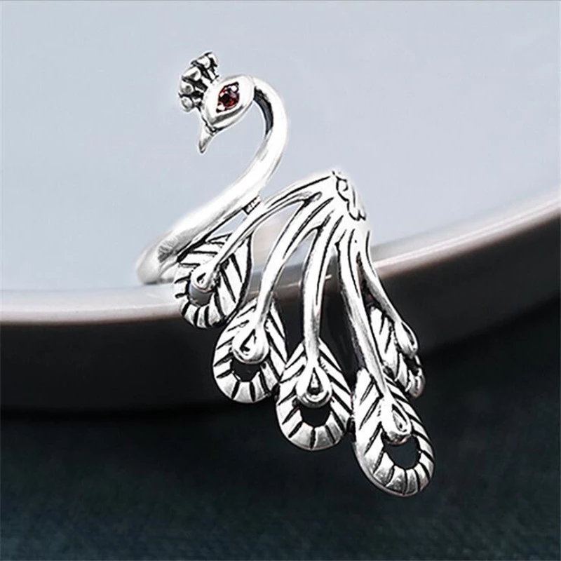 Retro Silver Peacock  Opening Rings /  Personality Exquisite Peacock  Rings / Punk Rings Set /  Index Finger Ring for Women Jewelry