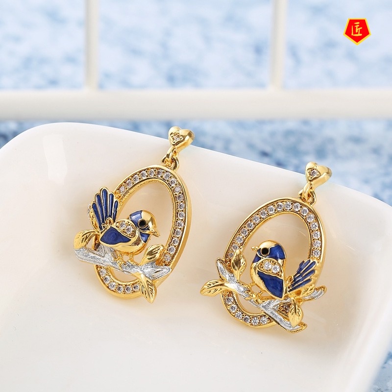 [Ready Stock]Creative Bird Branch Diamond Stud Earrings Two-Tone Elegant