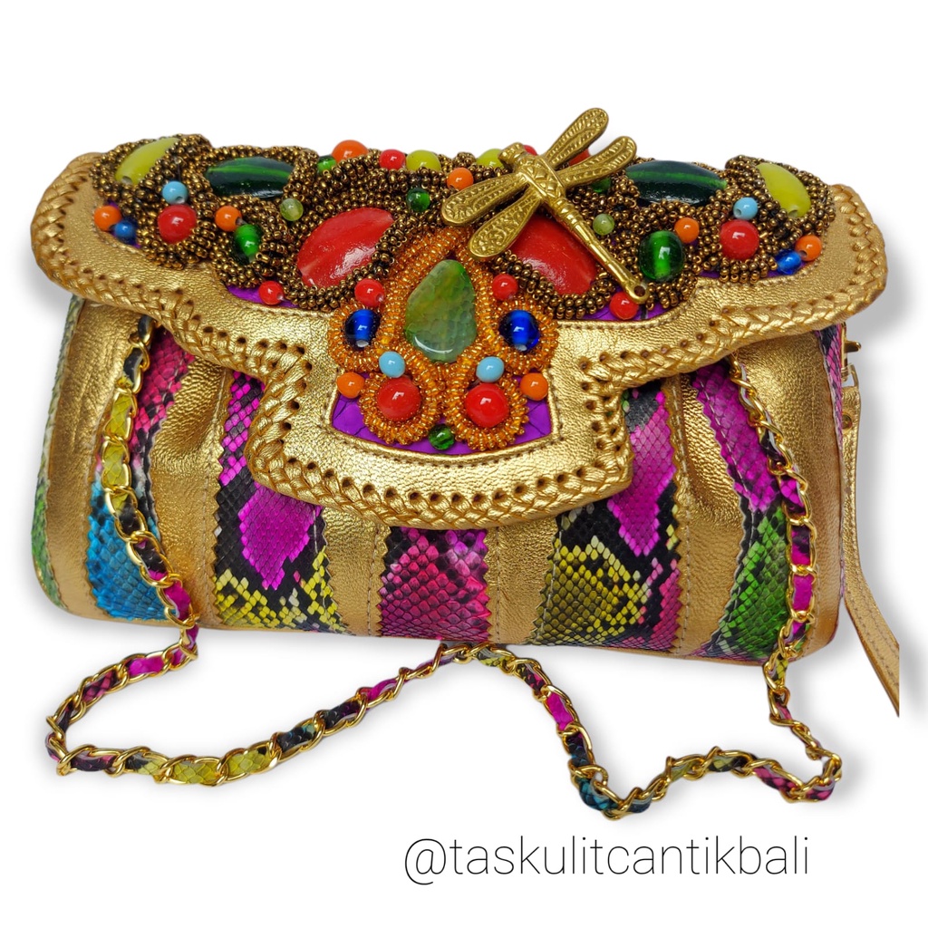 Clutch Pesta Raisa Size S Patchwork Multi Gold Color - Asli Tas Kulit Ular Piton Mix Kulit Domba