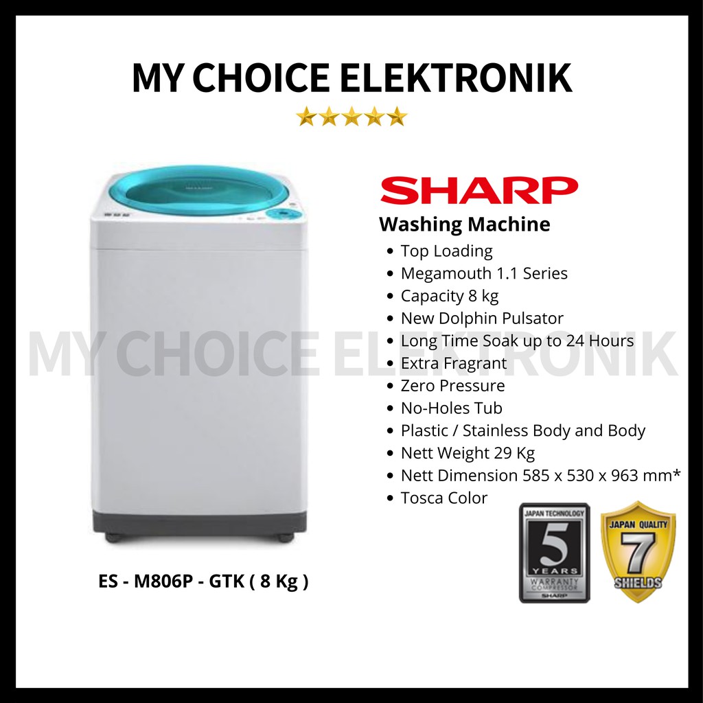 SHARP Mesin Cuci 8Kg ES-M806P-GTK