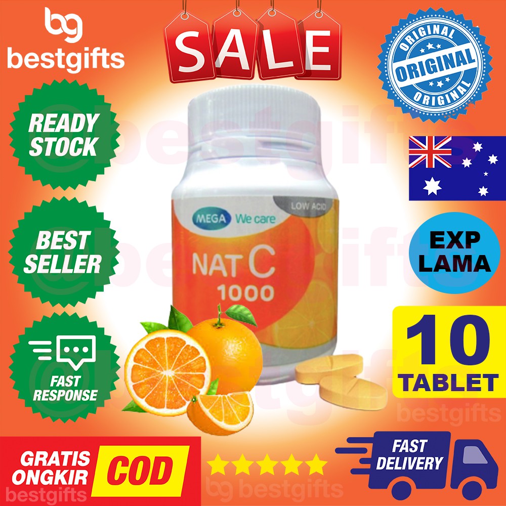 MEGA WE CARE NAT C VITAMIN VIT C 1000 MG KEKEBALAN DAYA TAHAN IMUN TUBUH AMAN DI LAMBUNG 10 TABLET