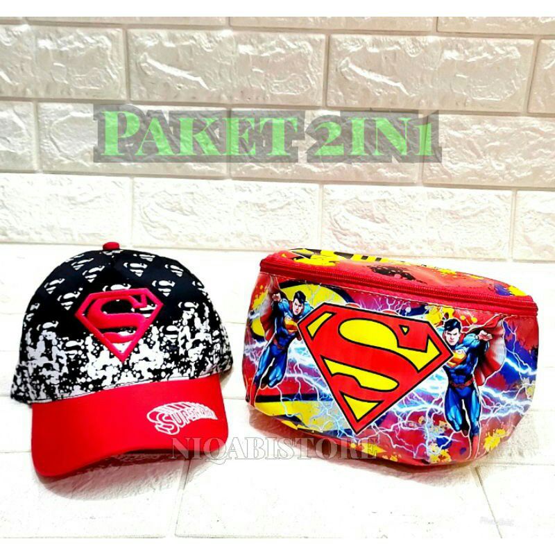 paket 2in1 superman tas slempang anak topi anak bordir full print waistbag anak topi anak