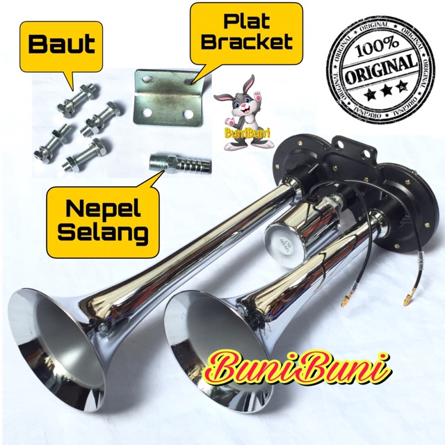 Klakson Angin 2 Corong Terompet / Air Horn Komplit Otomatis Untuk Mobil &amp; Truk 12 - 24 Volt