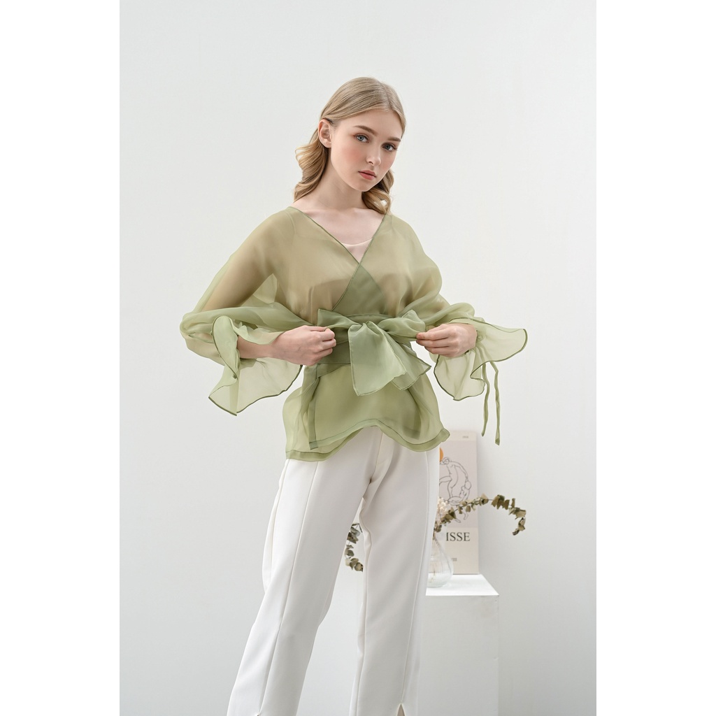 Aura Label - Rosie Bow Organza Top Sage Green - MOST WANTED blouse wanita organza sage green pita puff