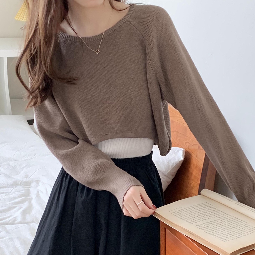 korean sweater crop/croped fashion rajut/atasan kekinian/kemeja rajut lengan panjang