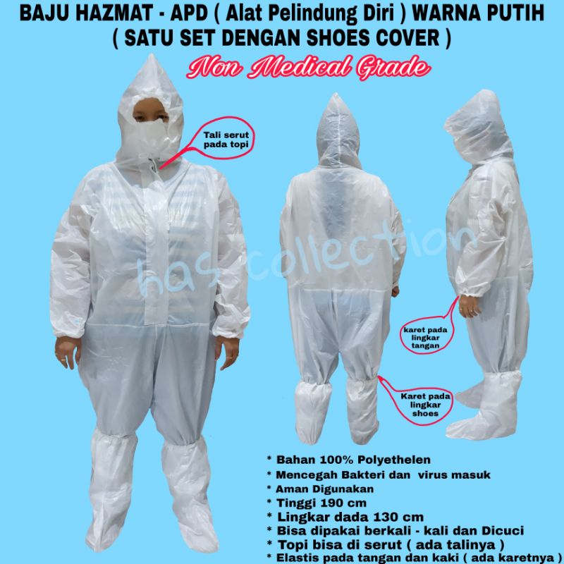 Baju HAZMAT APD WARNA PUTIH NON MEDICAL ( FREE COVER SHOES )