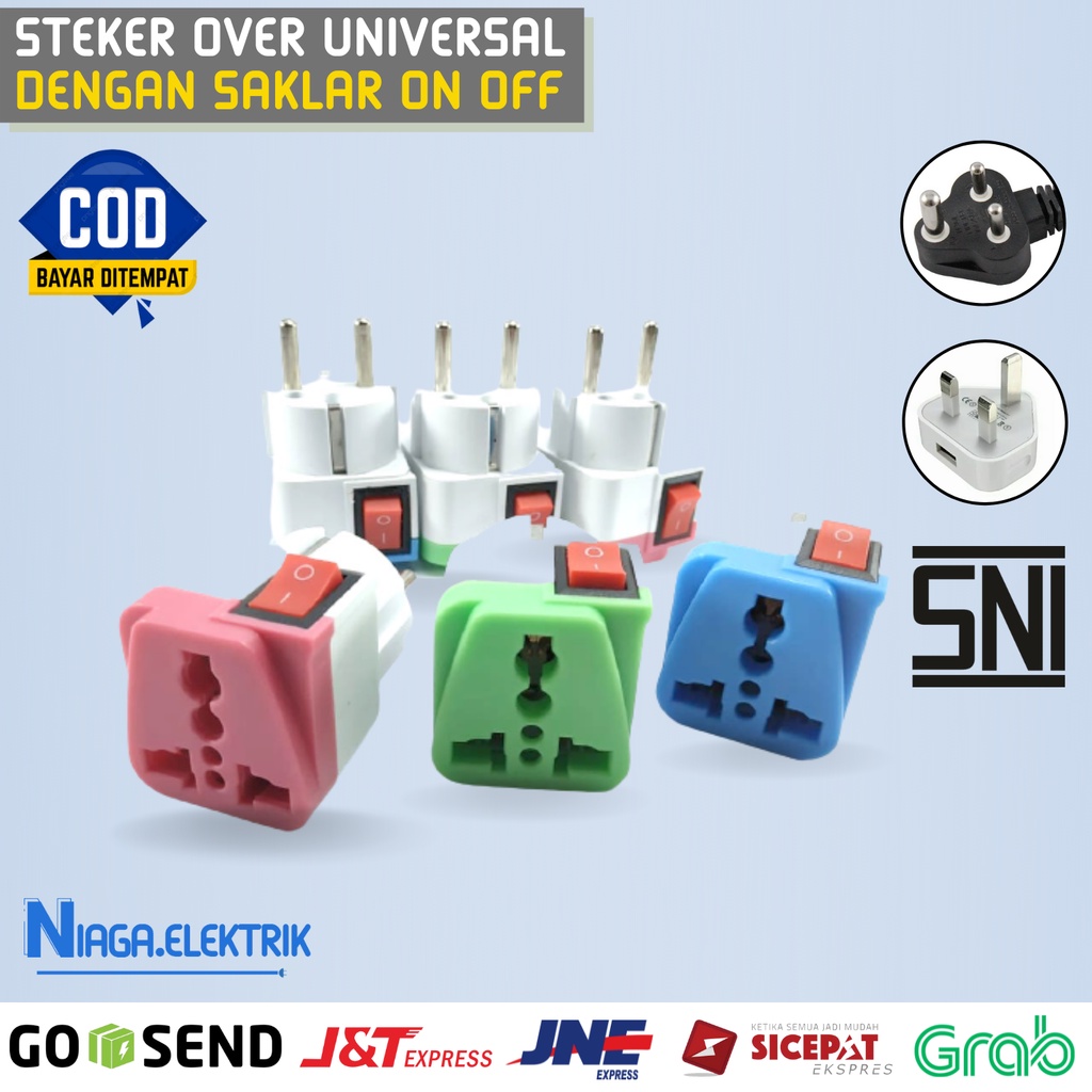 Over steker universal plug gepeng ke bulat converter flat 3 lubang 2 kaki dengan Saklar on off Grosi