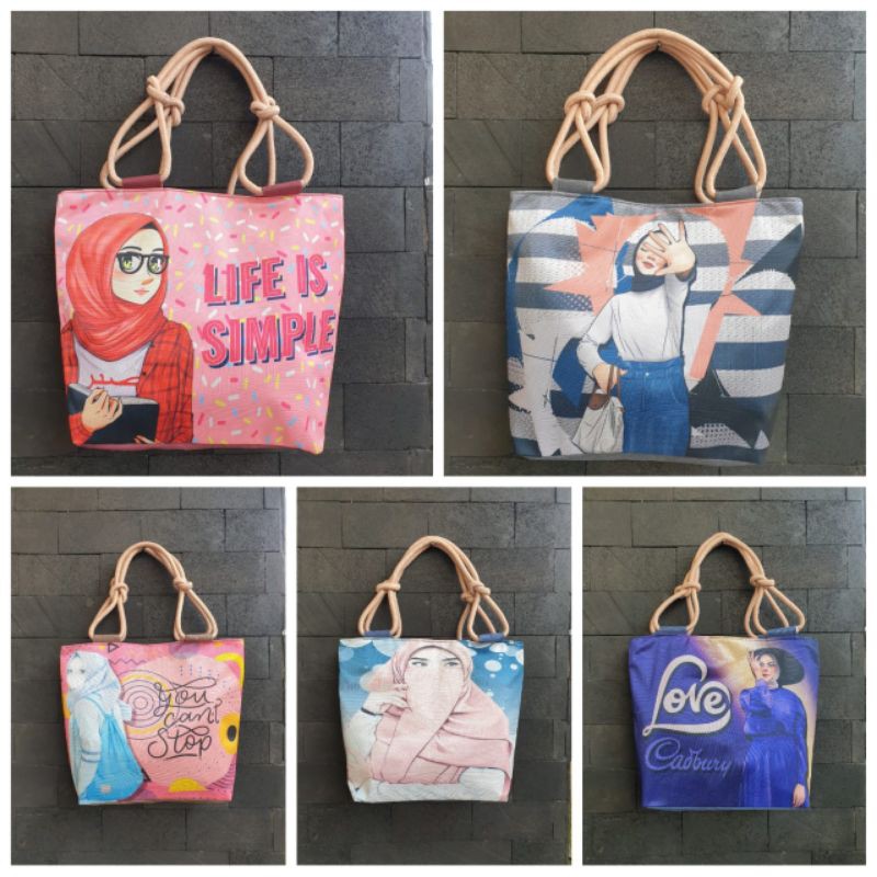 tas canvas printed hijab