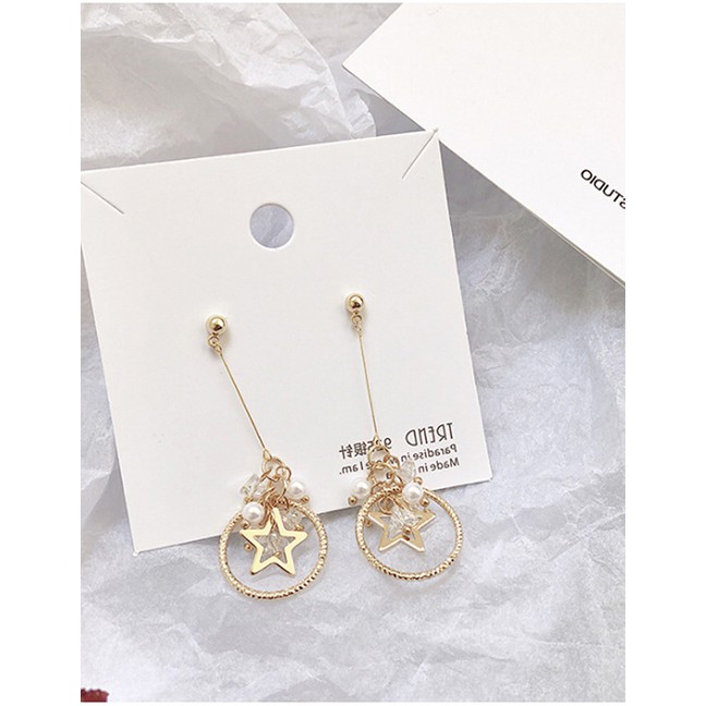 LRC Anting Tusuk Fashion Golden Crystal Tassel Star Circle Zircon P92780