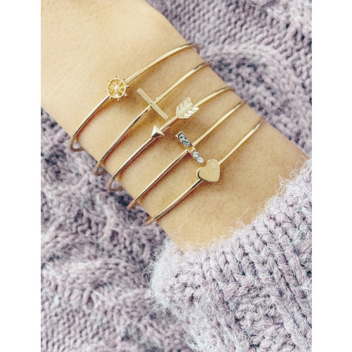 LRC Gelang Fashion Golden 5-piece Set Of Diamond-studded Metal Heart Arrow Open Bracelet V33009