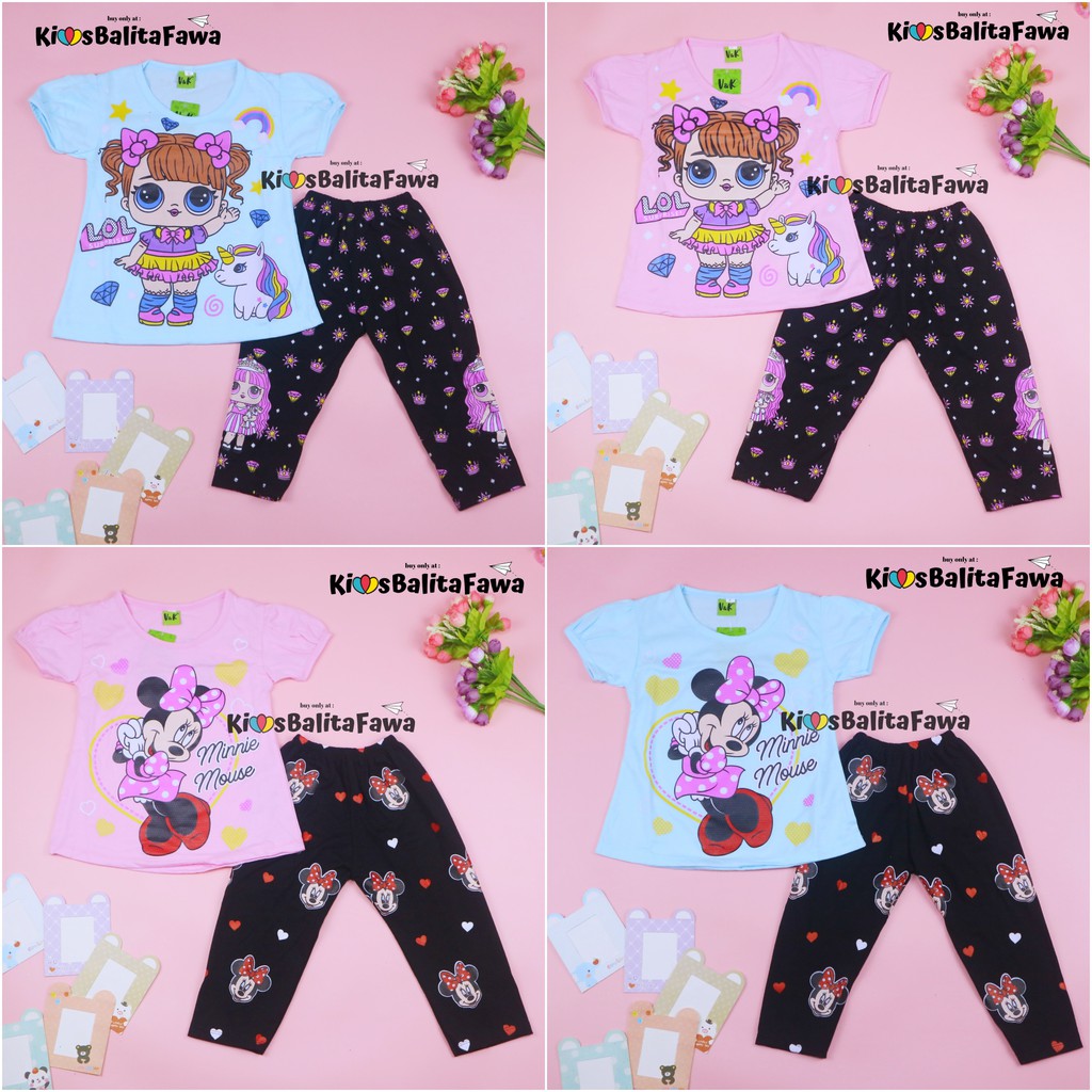 Setelan Mikkey &amp; DOLL uk 3-4 tahun / Baju Anak Karakter Legging Perempuan Celana Panjang Import Kaos