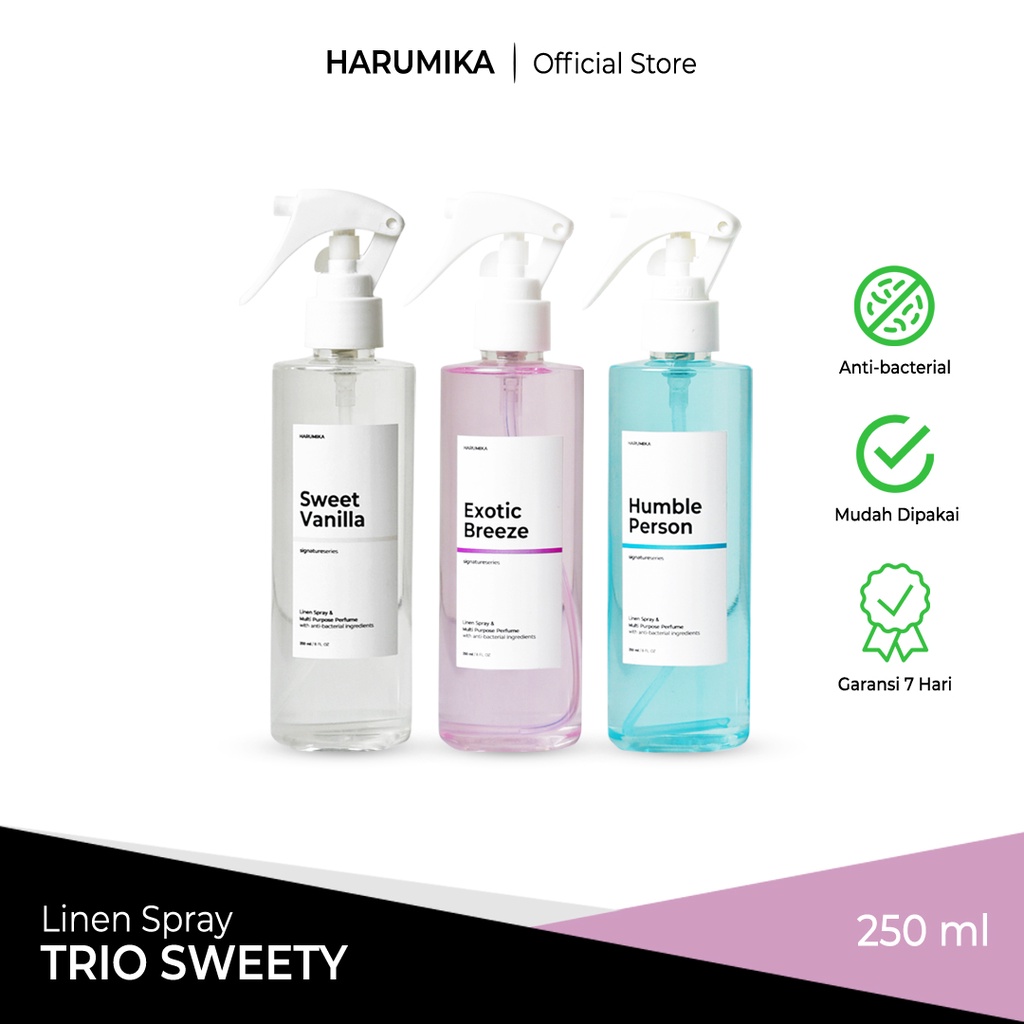 PAKET TRIO REKOMENDASI (isi 3) - Harumika 250ml LINEN SPRAY &amp; ROOM REFRESHER ANTI BACTERIAL