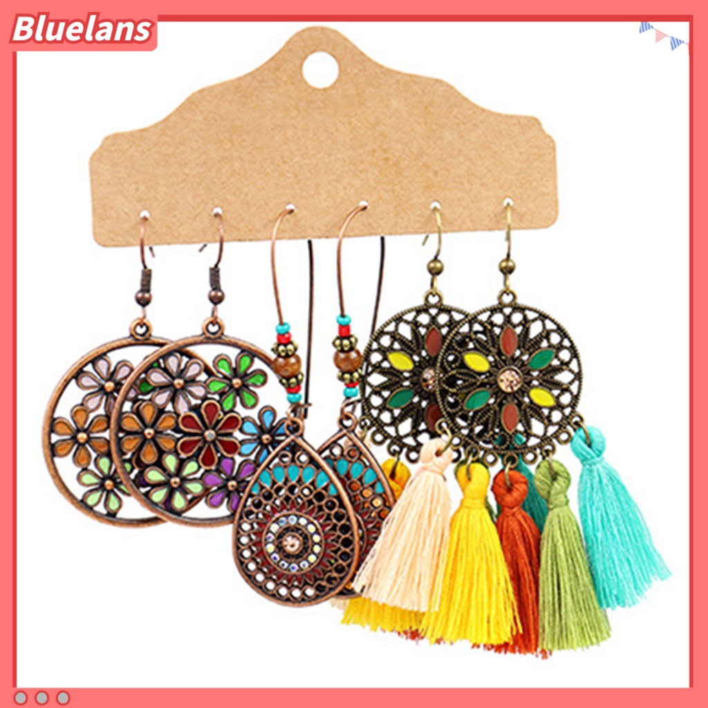 Bluelans 3 Pasang Anting Kait Gantung Wanita Desain Geometri Hias Rumbai Bahan Alloy Gaya Bohemian