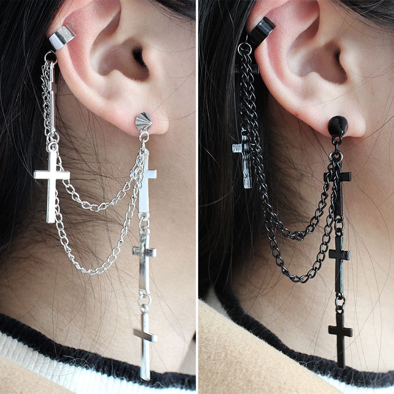 Cross chain tassel earrings ear clip earrings 1pcs