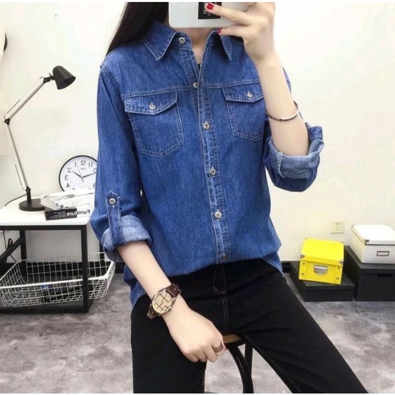 sonia jeans-kemeja jeans wanita terbaru-atasan wanita korean sekini bahan tebal dan lembut