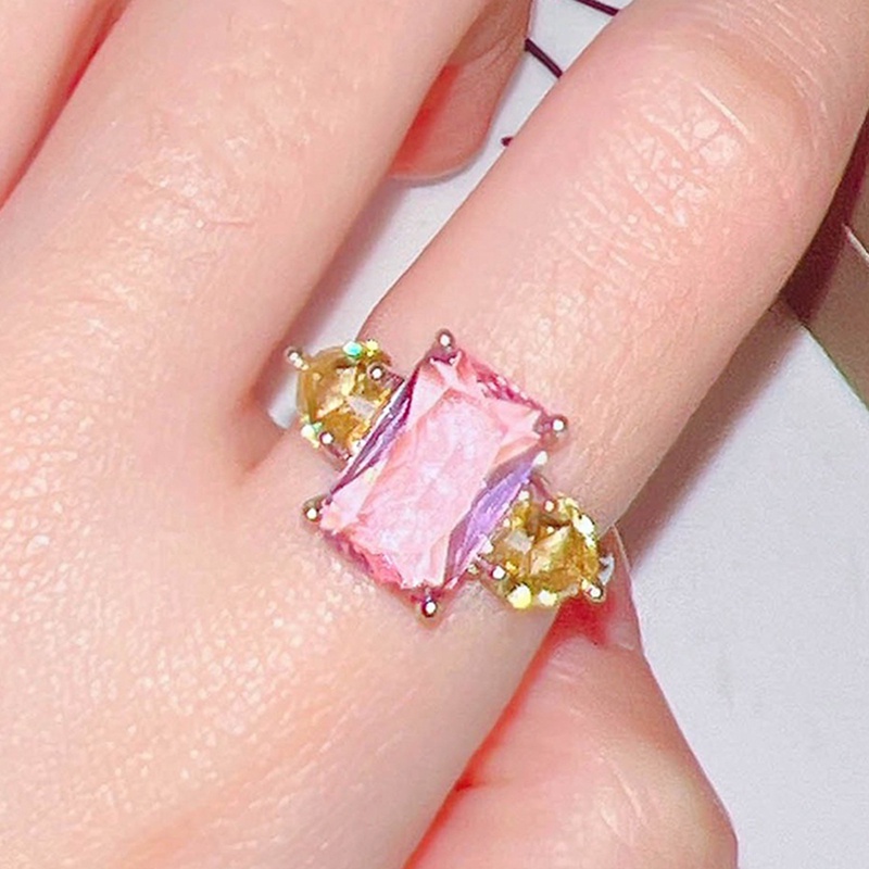 Cincin Zircon Bentuk Kotak Warna Pink Kuning Biru Hijau Untuk Wanita