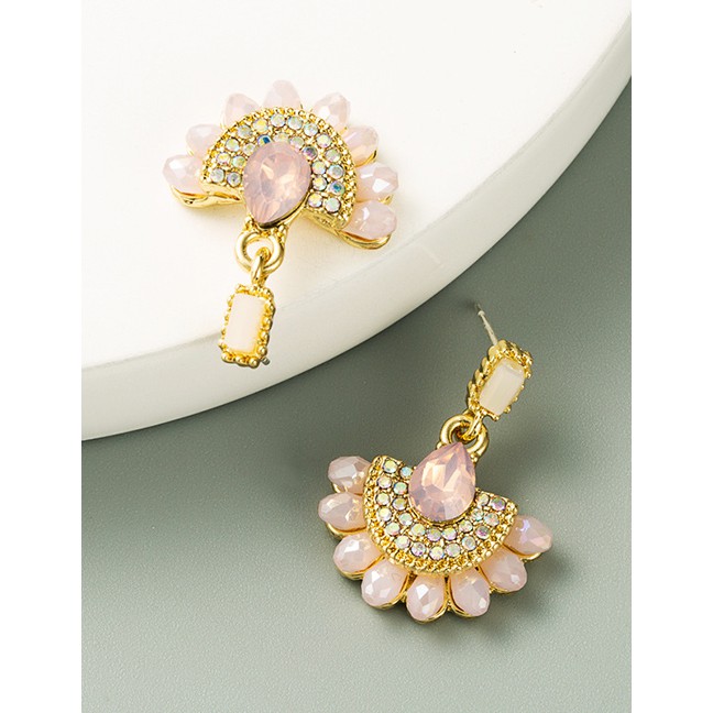 LRC Anting Tusuk Fashion Pink Half Flower-shaped Alloy Diamond Earrings P59673