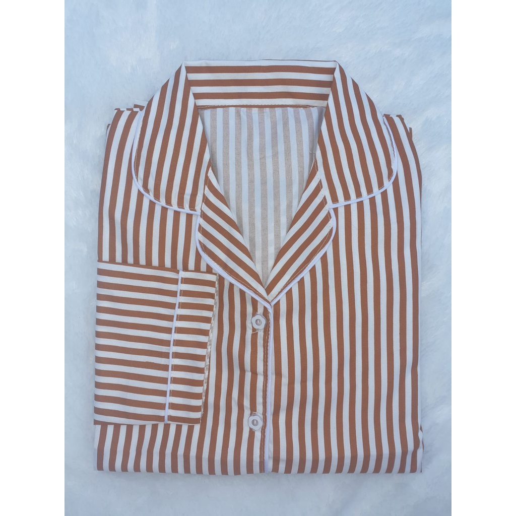 BJ-Piyama PP Wanita Dewasa Salur - Baju Tidur Lengan Panjang-Salur Bata