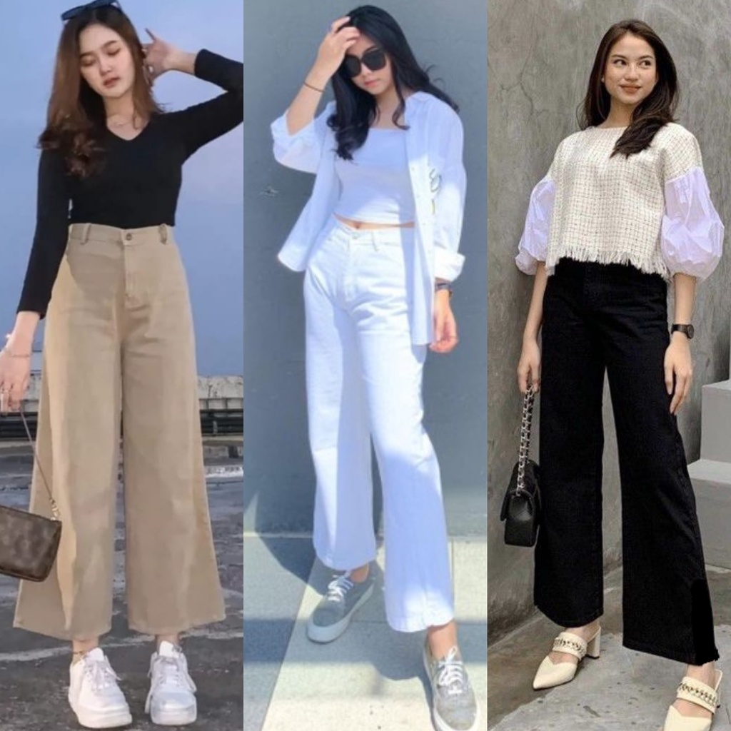 CELANA KULOT JEANS WANITA HIGHWAIST POLOS PUTIH & HITAM