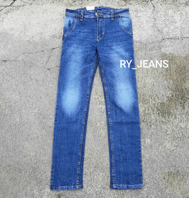 Celana jeans pria biru wisker celana panjang pria street melar