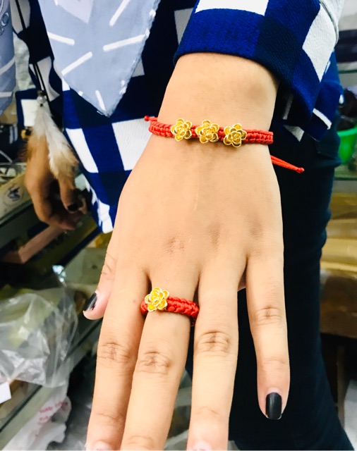 Satu set gelang dan cincin wanita / gelang rajut bunga lapis emas / replika emas / gelang