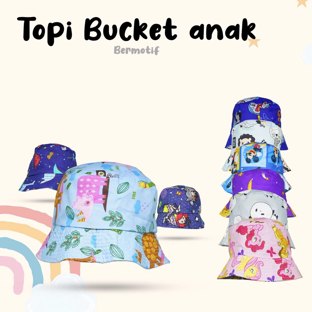 Topi Bucket Anak Bolak Balik Motif Karakter / Topi Anak Karakter 3-8 Tahun / Bucket Anak Lucu