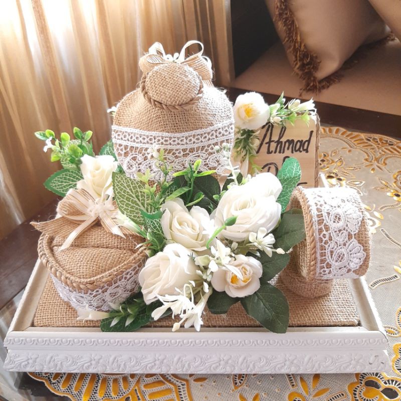 Tempat Perhiasan Mahar Rustic Goni Pigura Putih|Tempat Cincin pernikahan|Tempat Cincin Lamaran