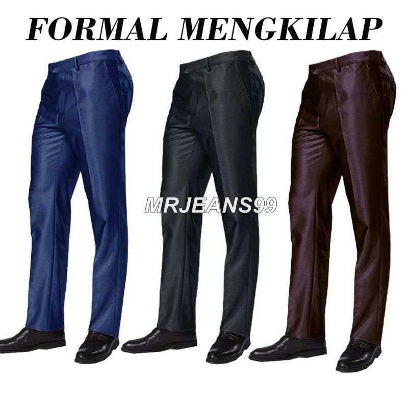 Celana Formal Pria Dasar Mengkilap METALIK Slimfit / Kantor Kerja harian santai pesta Panjang kinclong warna Navy